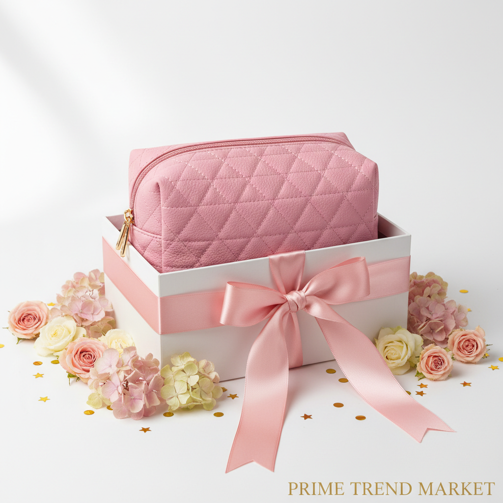 Pink waterproof cosmetic travel bag in gift box with ribbon and flowers