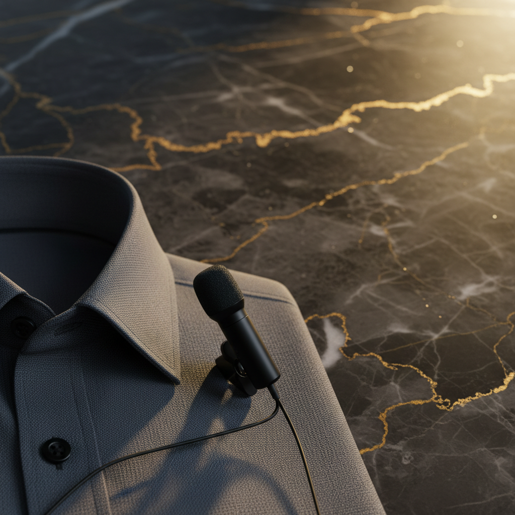 Black lavalier microphone clipped to shirt collar on dark marble background