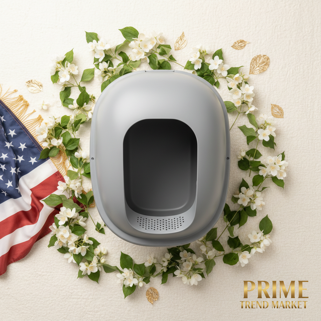 Premium enclosed grey cat litter box flat lay with jasmine flowers and gold accents on cream surface