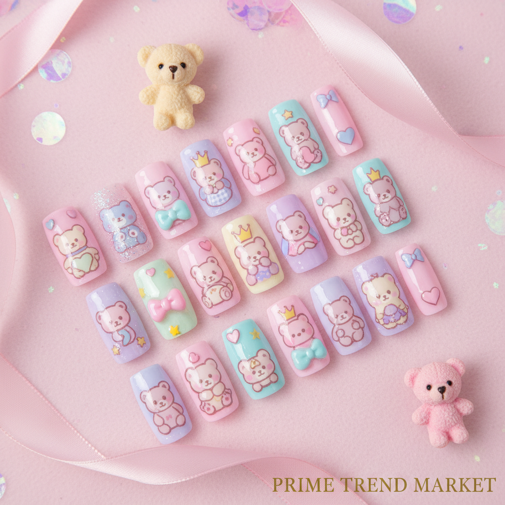 24 PCS bear bow-knot press-on nails flatlay - Prime Trend Market