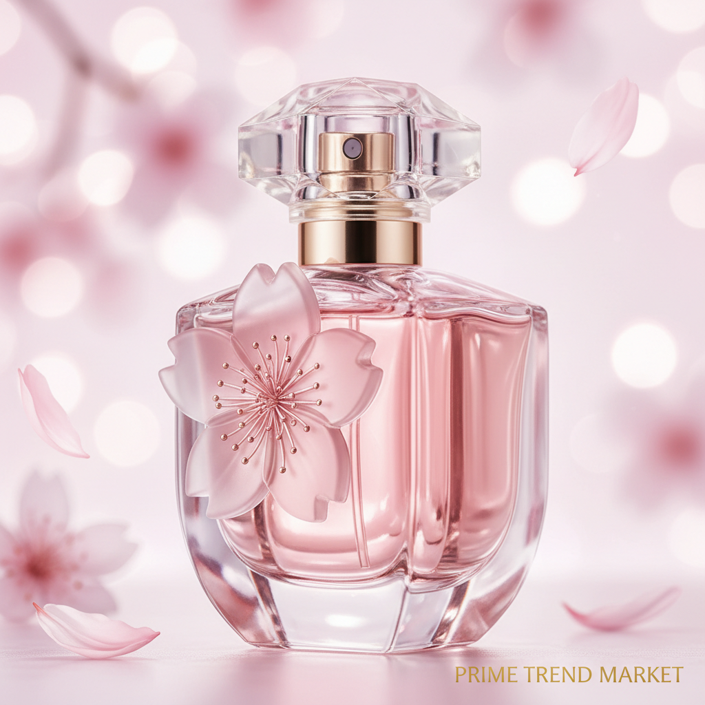 Macro close-up of cherry blossom perfume bottle with pink bokeh and sakura petals
