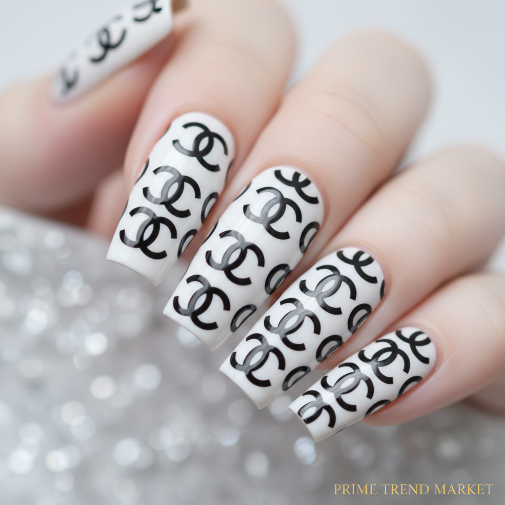 Close-up black white CC monogram nail art - Prime Trend Market