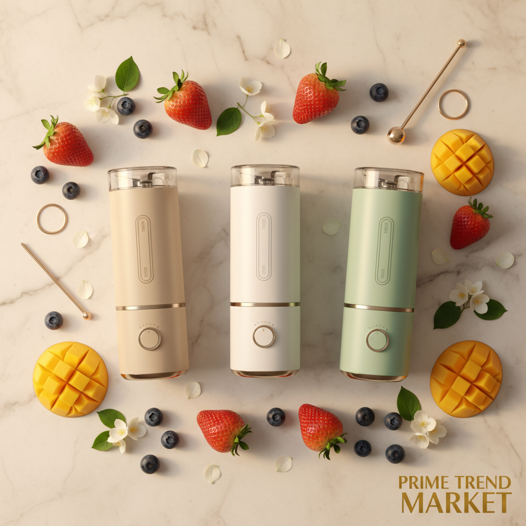 Three luxury portable juice blenders in beige white and light green on cream marble with fresh berries