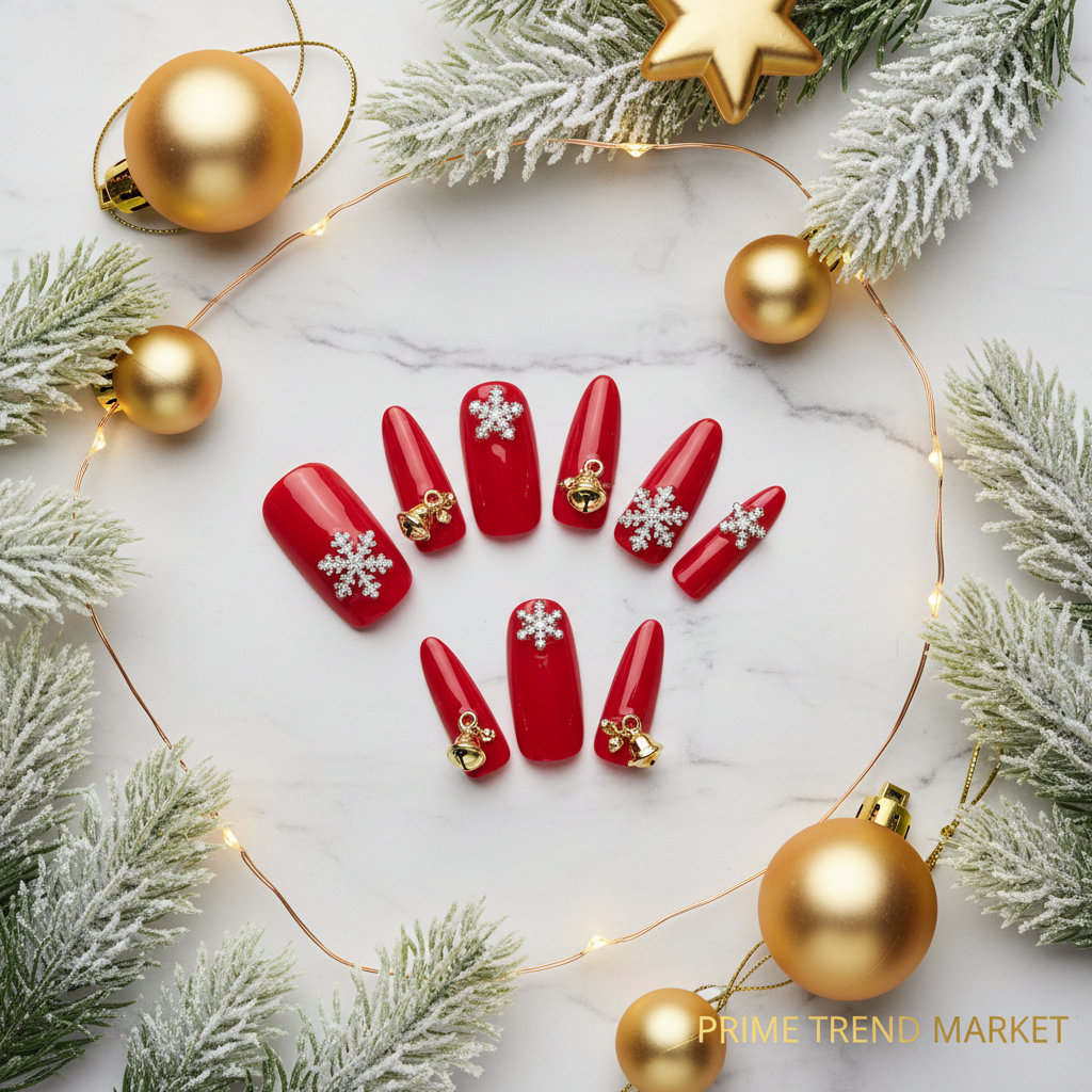 Red snowflake rhinestone press-on nails holiday flat lay - Prime Trend Market