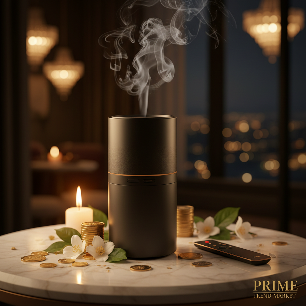 Luxury Aroma Diffuser mist rising with remote control on marble surface