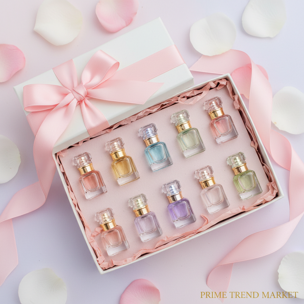 6 mini perfume bottles in luxury gift box with pink tissue and rose petals