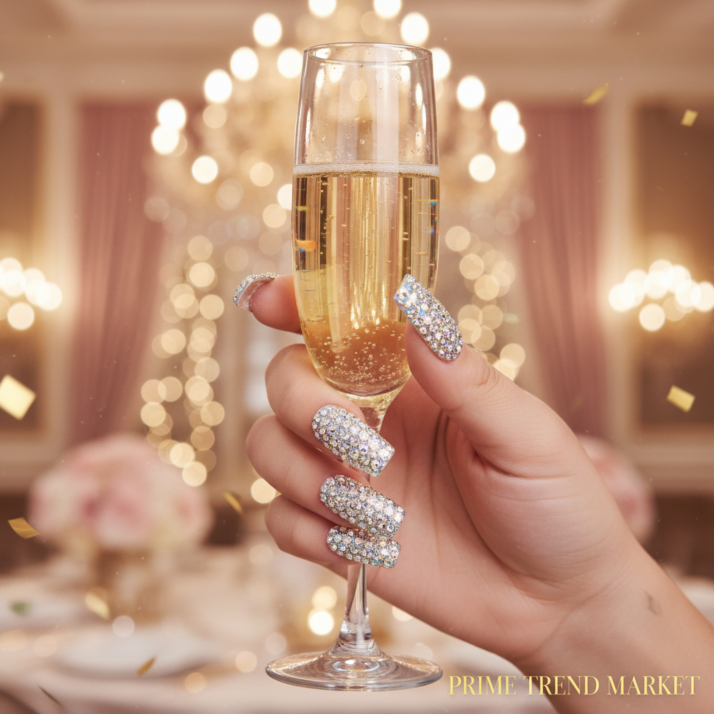 Woman holding champagne glass with full diamond aurora duck press-on nails at luxury party