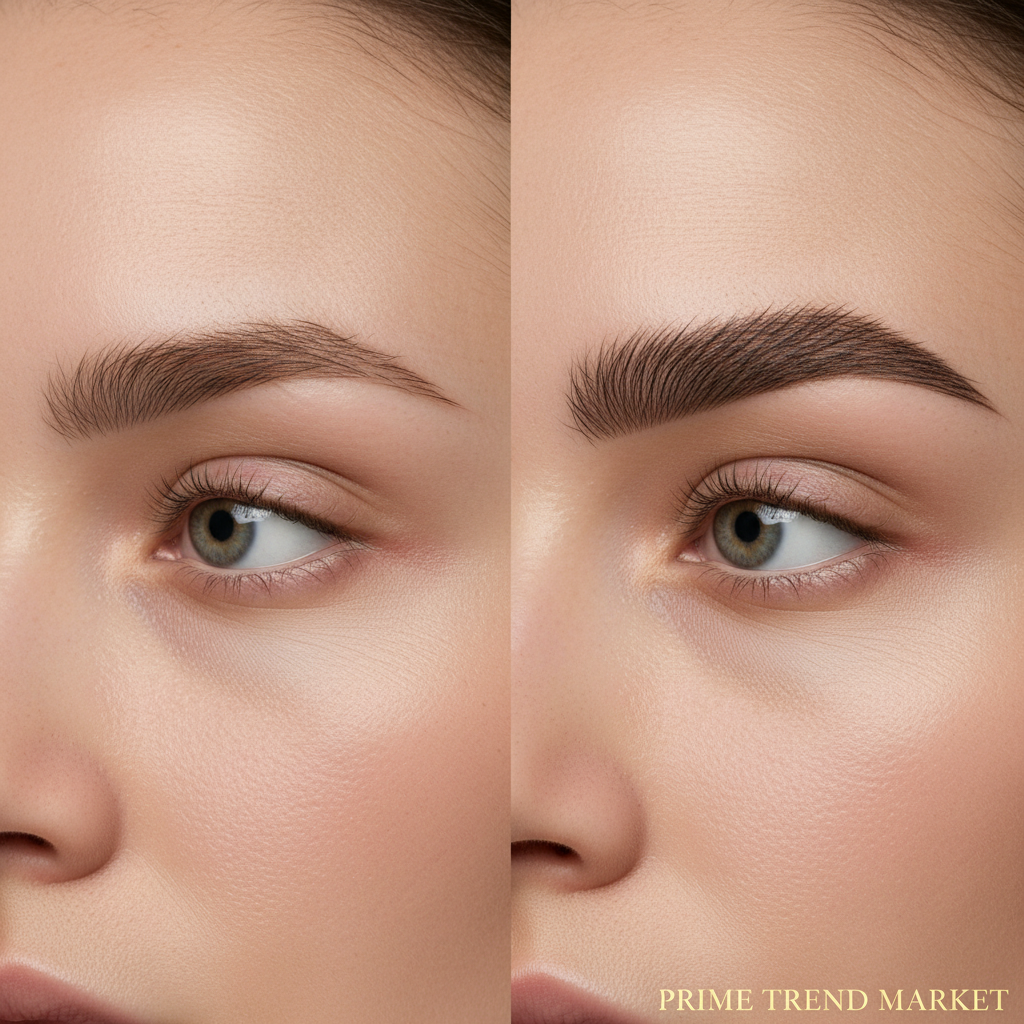 Before after eyebrow transformation sparse brows to perfect defined 3D volumetric brow tattoo editorial