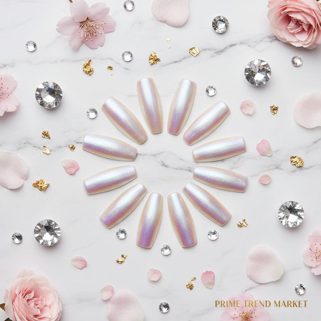 Aurora powder press-on nails flat lay on marble with crystals gold foil and pink flowers