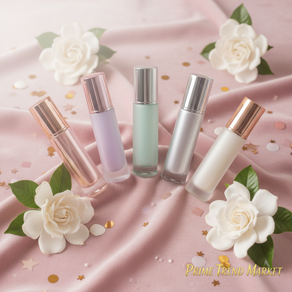 6pcs women's perfume travel set on blush velvet with gardenias and gold confetti