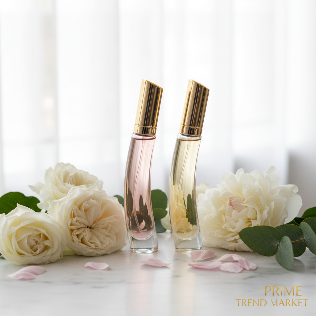 Two women's perfume bottles on marble with white flowers and pink petals