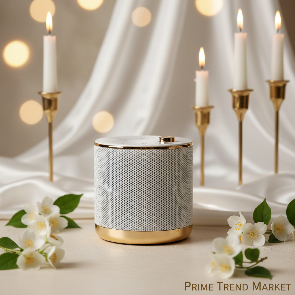 White AI smart Bluetooth speaker on cream ivory luxury surface with jasmine flowers — Prime Trend Market