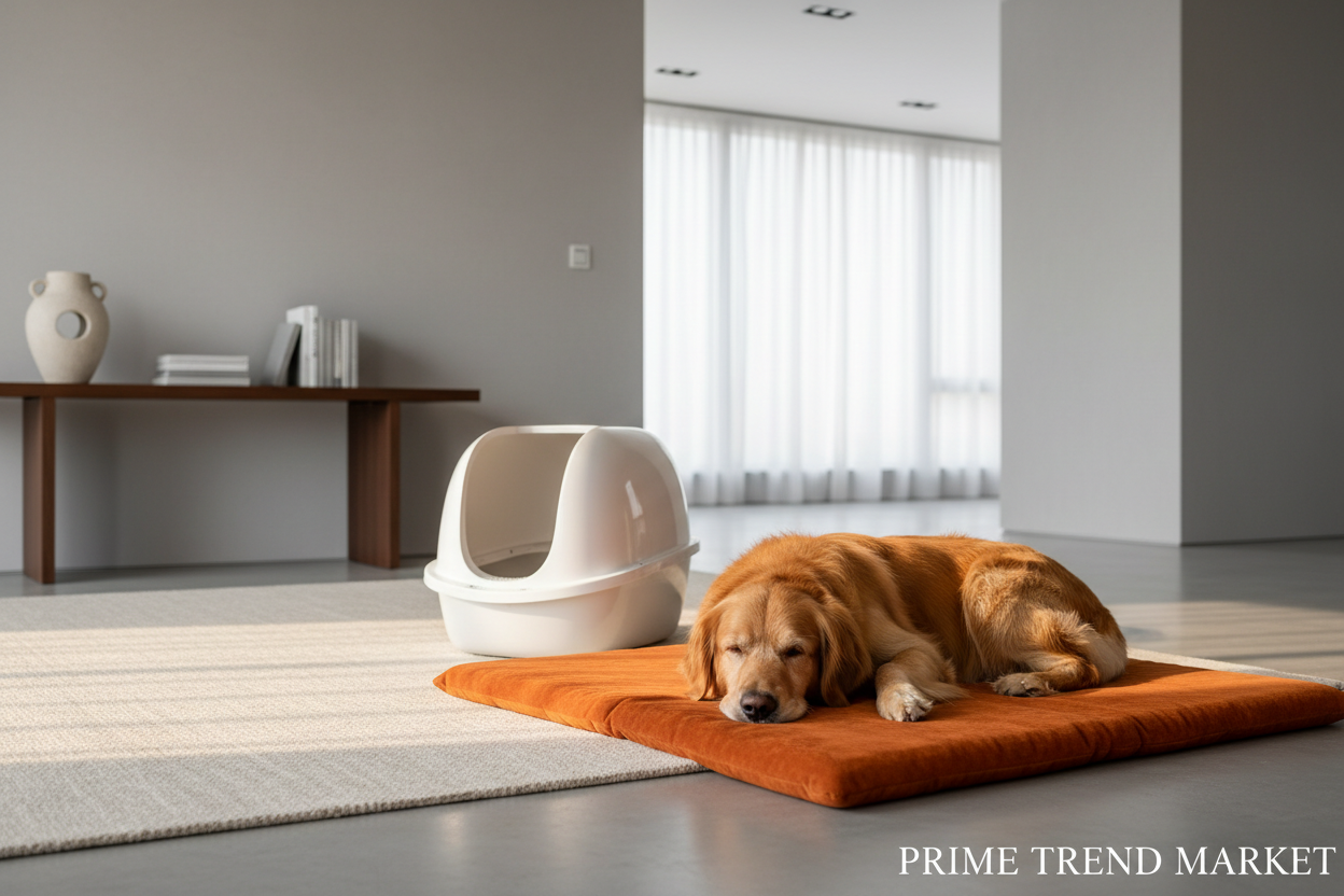 Fluffy dog resting on orange premium pet kennel litter mat in luxury home