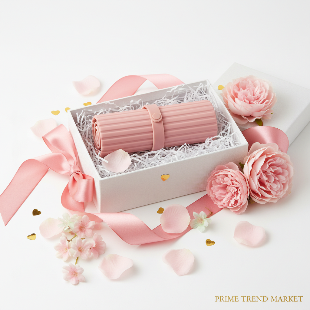 Pink silicone travel makeup brush holder in gift box with ribbon and flowers