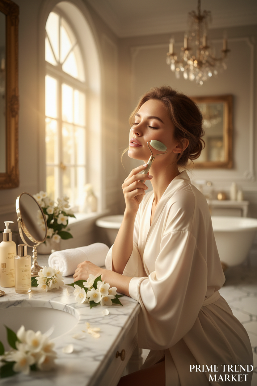 Elegant woman using crystal jade roller in luxury setting