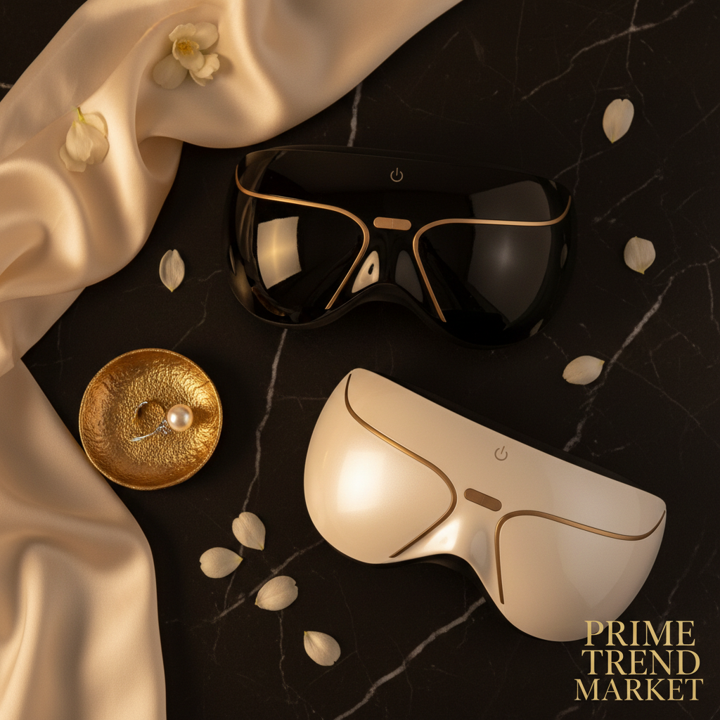 Luxury rechargeable eye hydration massage mask black and white versions flatlay on dark marble with gold dish and jasmine