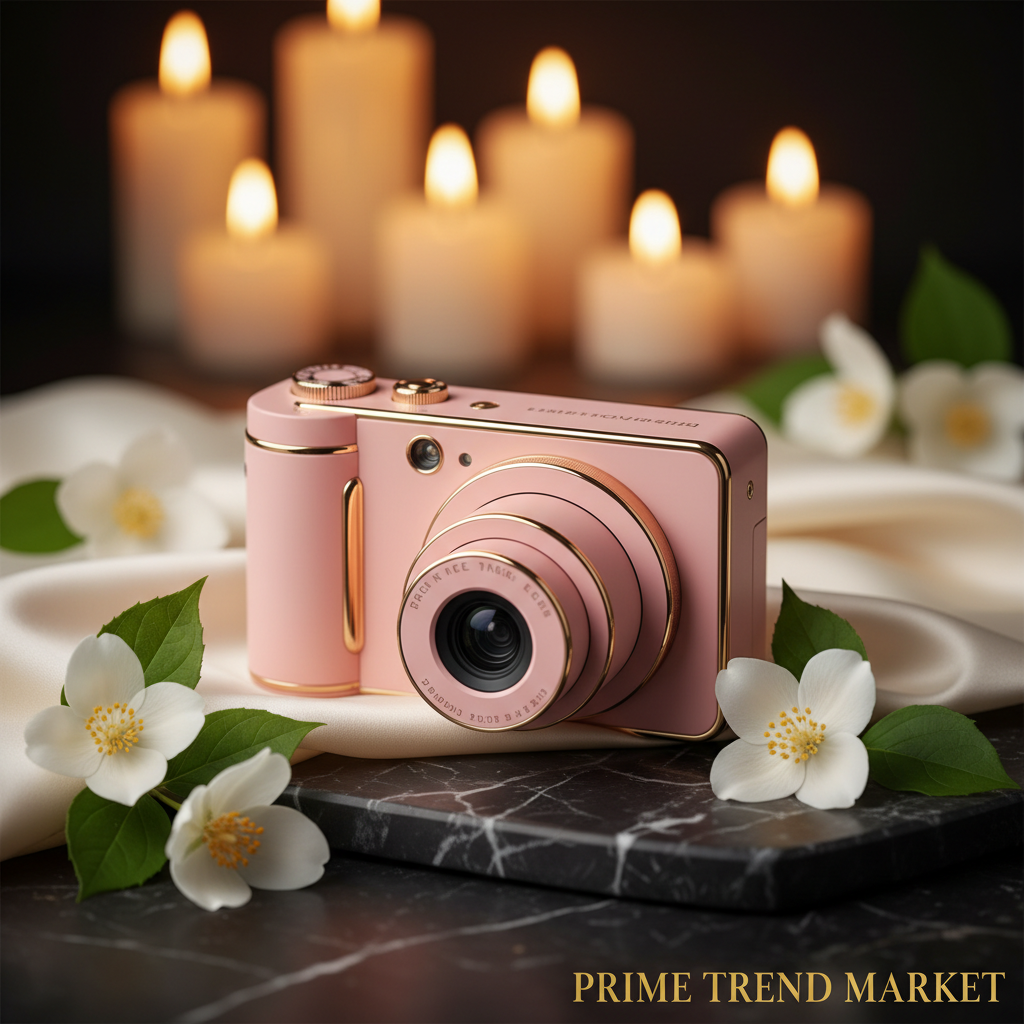 Pink 4K mini vlogging camera on dark marble with gold accents and jasmine flowers