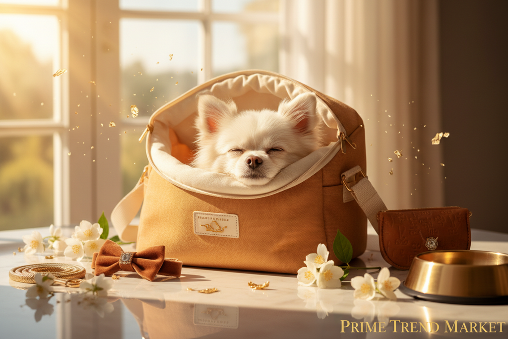 Small dog inside beige orange Oxford pet bag