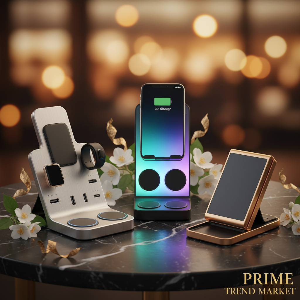 7-in-1 charging station, 4-in-1 RGB charging station and folding 3-in-1 charger on dark marble