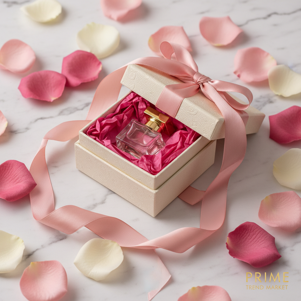 Perfume bottle in luxury gift box with pink tissue and rose petals