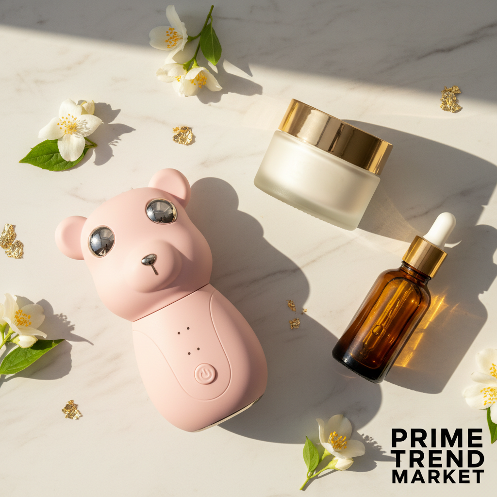 Luxury Bear-Face EMS Device full ritual bundle flatlay with massage cream and oil