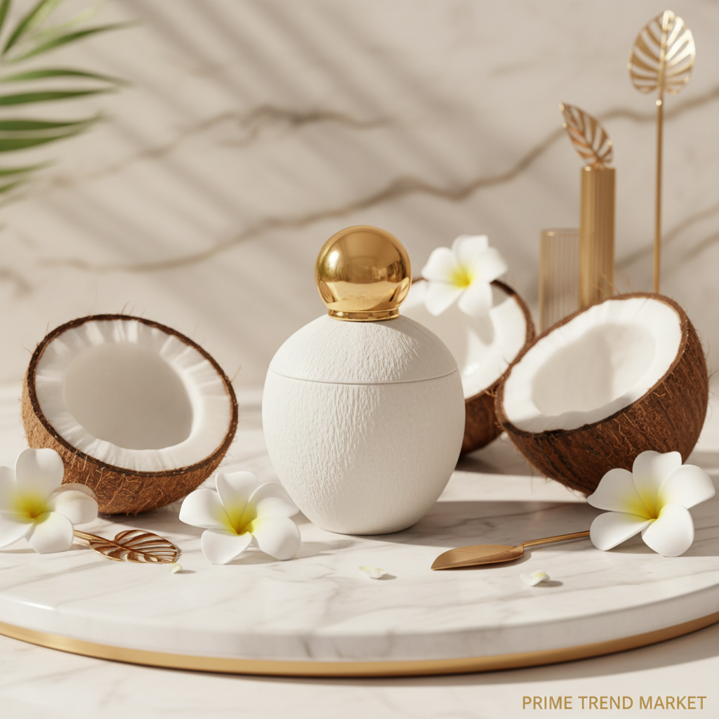 Roxelis Coconut Passionate Perfume on marble with tropical flowers - Prime Trend Market