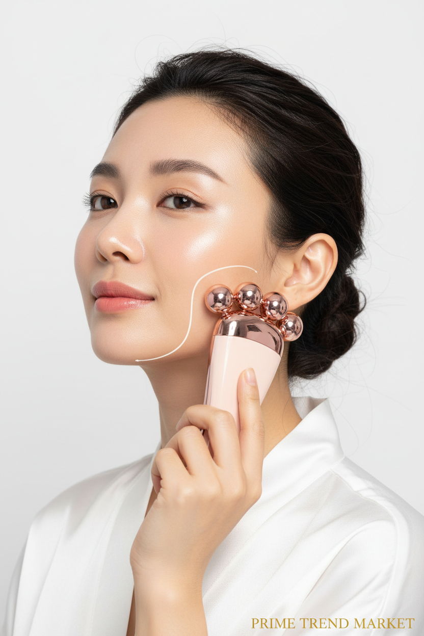 Woman using pink facial sculpting massager on jawline with glowing skin — Prime Trend Market
