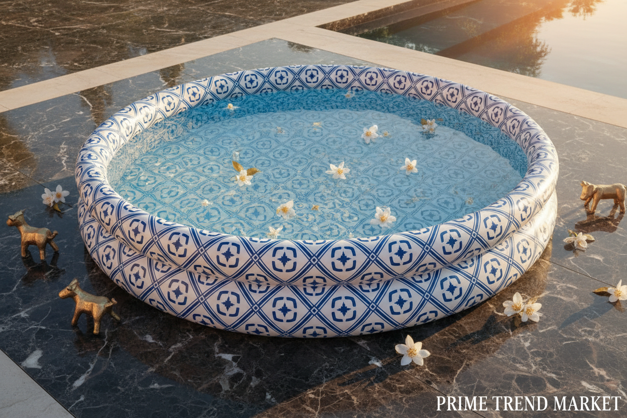 Blue and white inflatable children's paddling pool luxury editorial