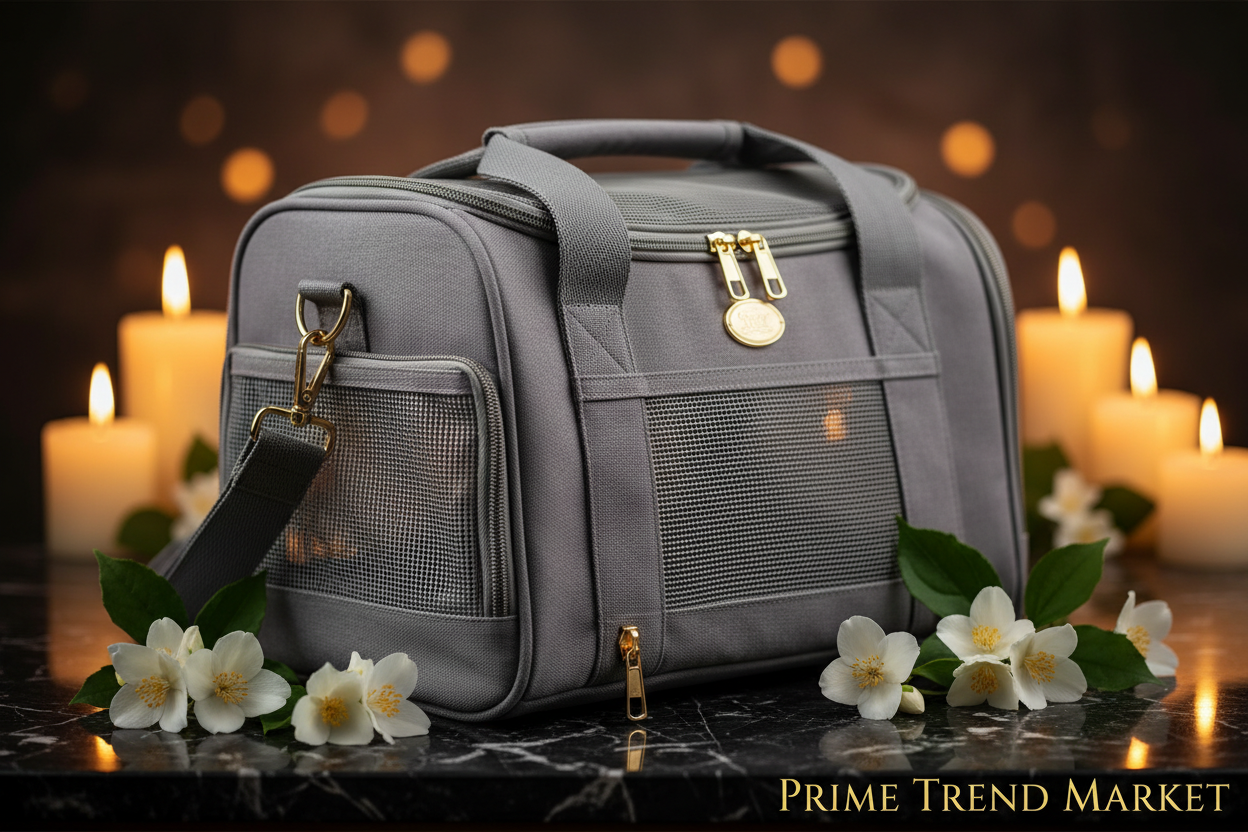 Luxury grey breathable foldable pet carrier bag editorial