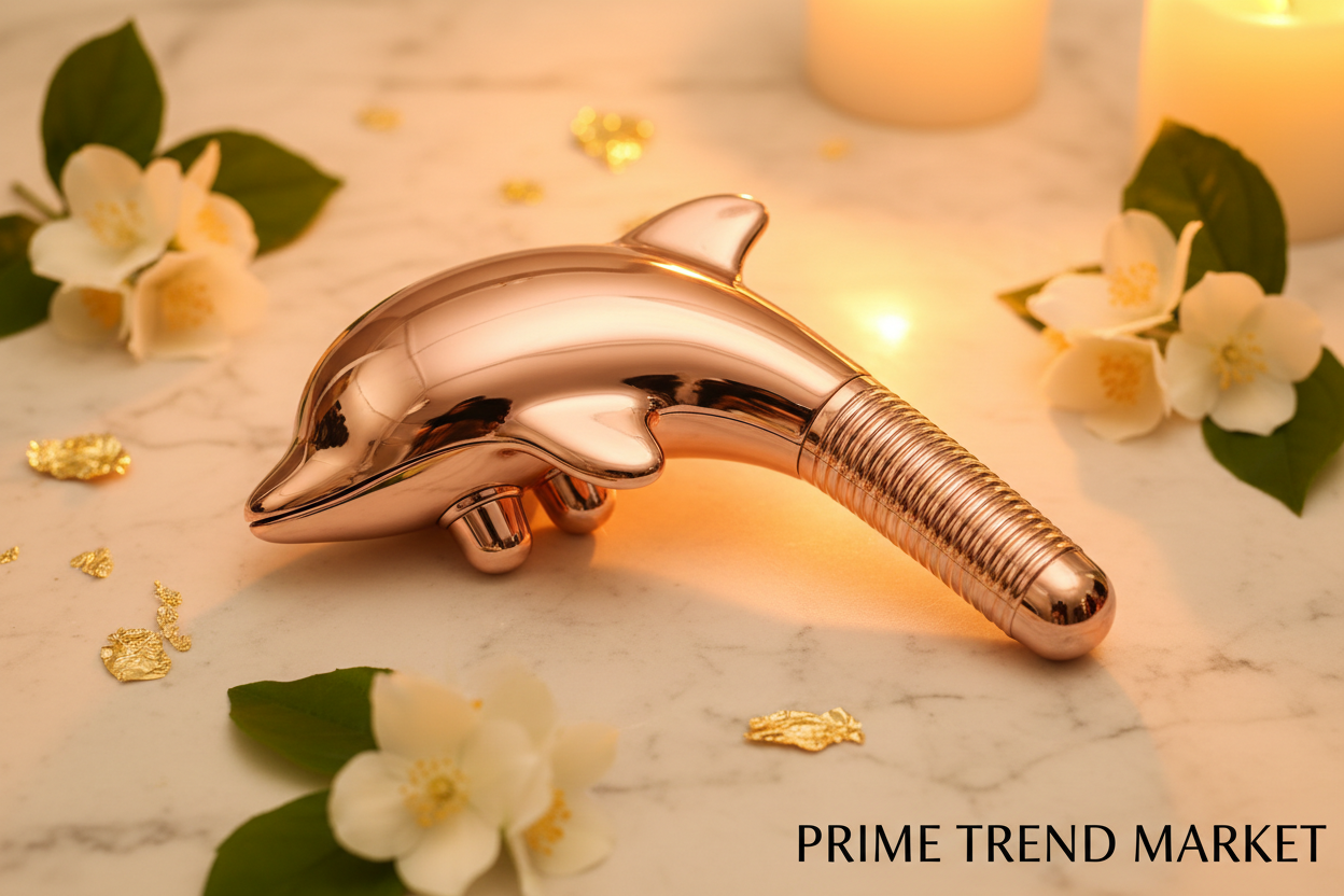 Luxury Dolphin Massager Pro — Rose Gold Ergonomic Curve Flatlay