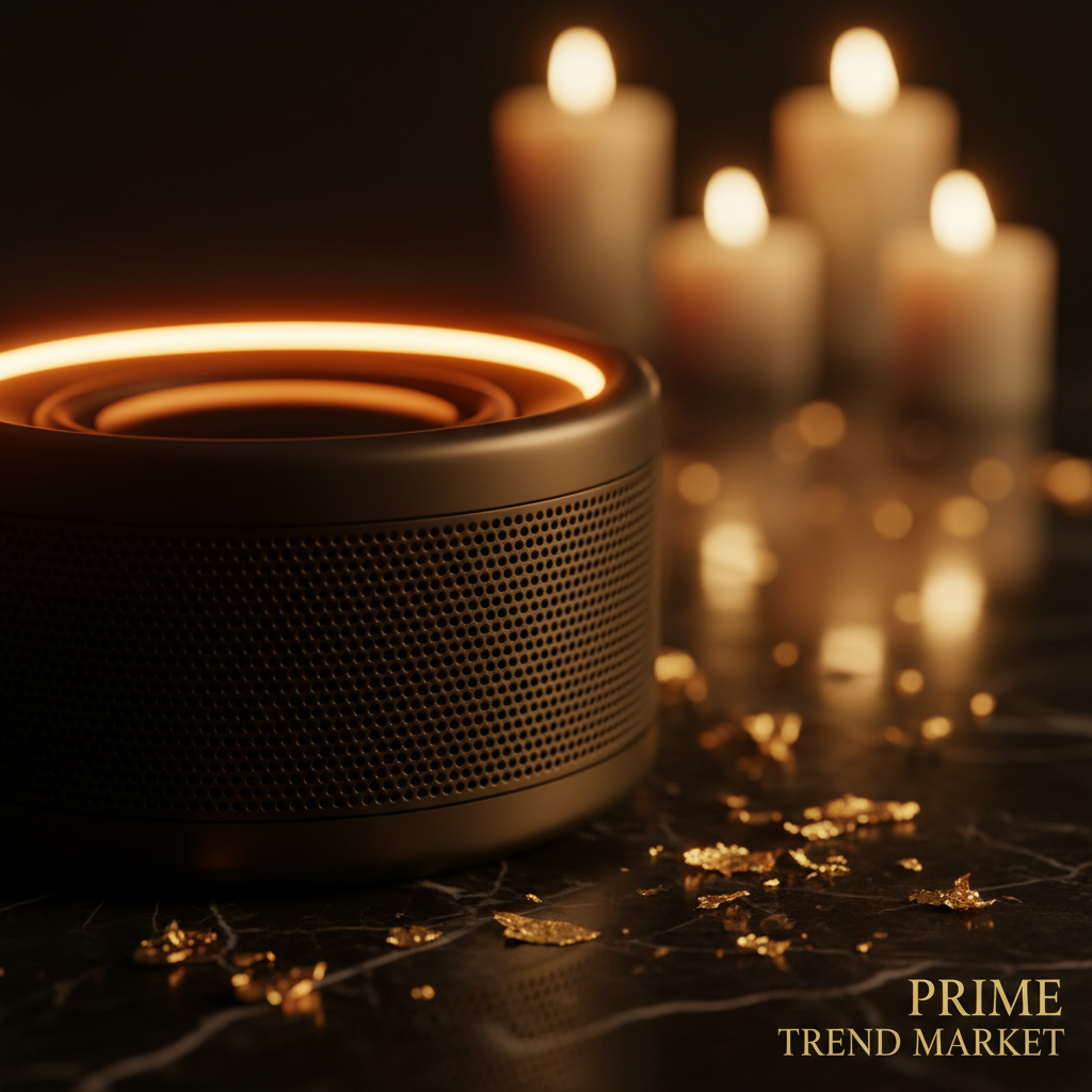 Macro — LED Ring Glowing Amber on Dark Marble
