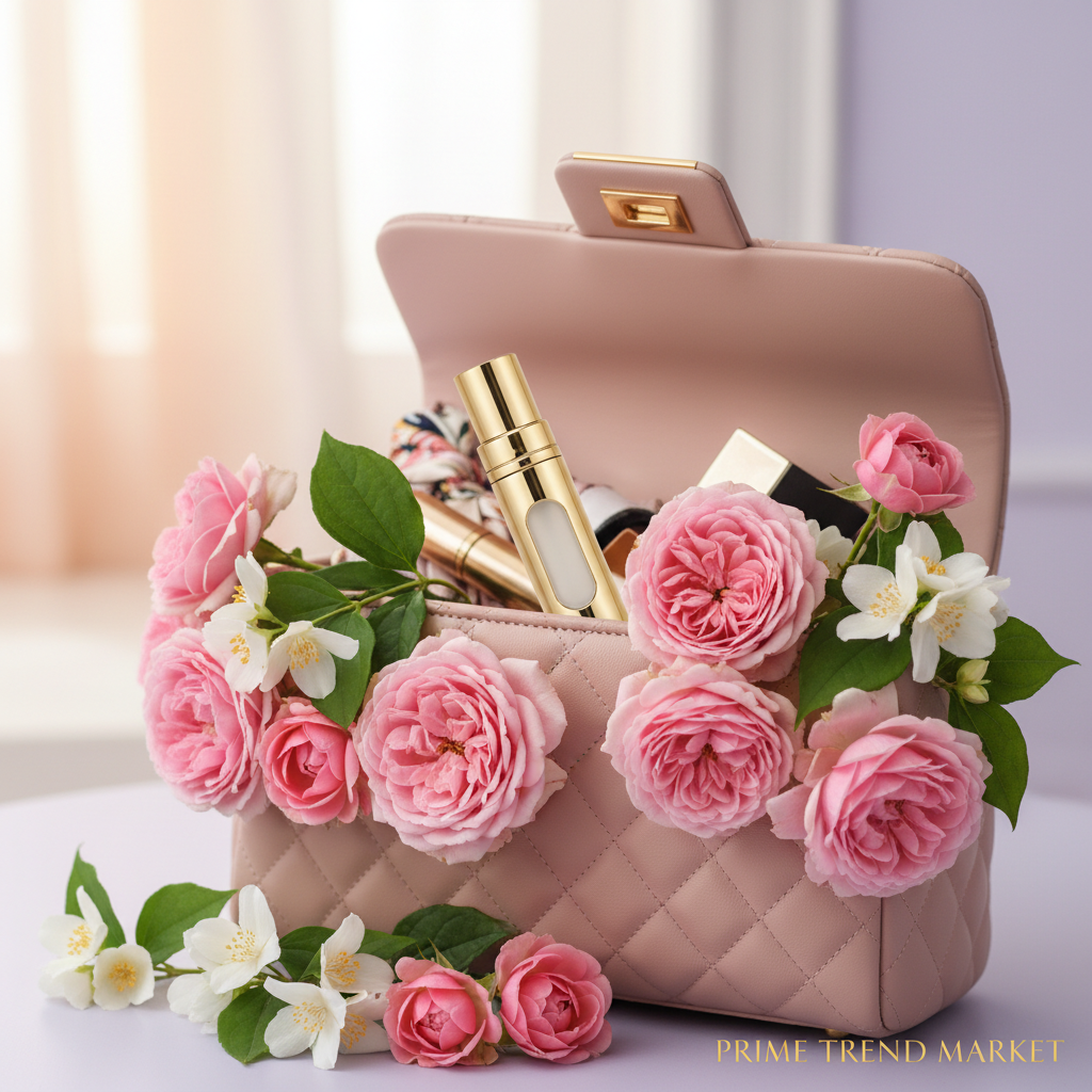 Perfume in luxury handbag with roses & jasmine