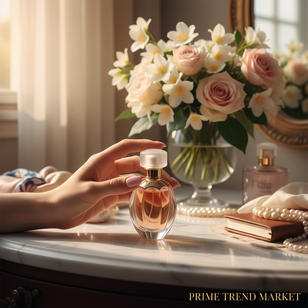 Vanity with hand reaching for bottle & floral bouquet