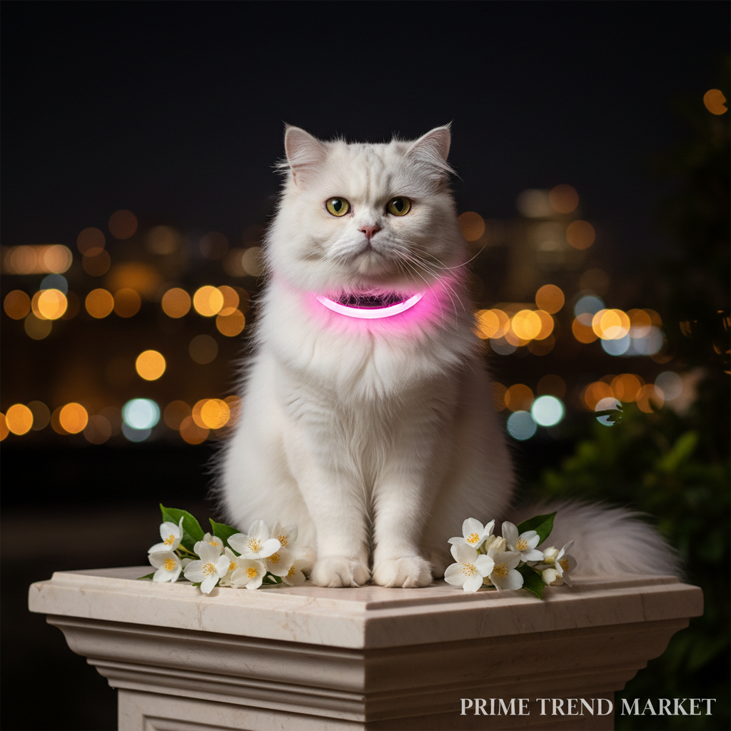 White Cat Wearing Pink LED Collar