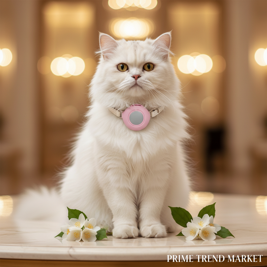 White Cat with Pink AirTag Collar Holder