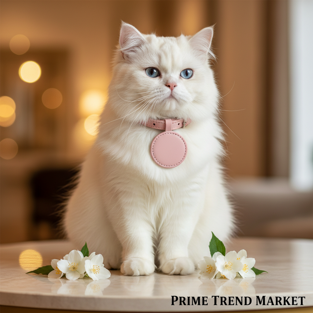 White Persian Cat with Pink AirTag Sleeve