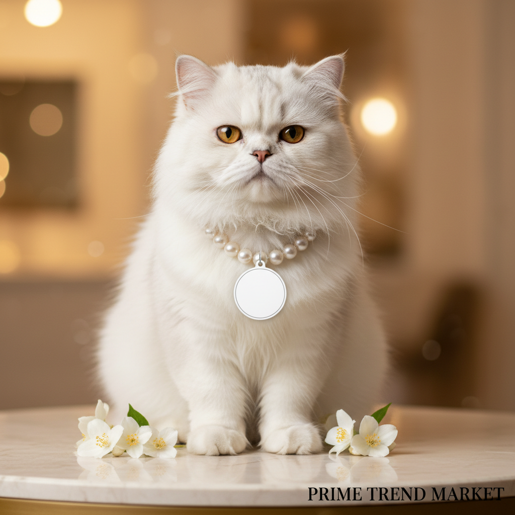 White Persian Cat with Pure White Tracker on Pearl Collar