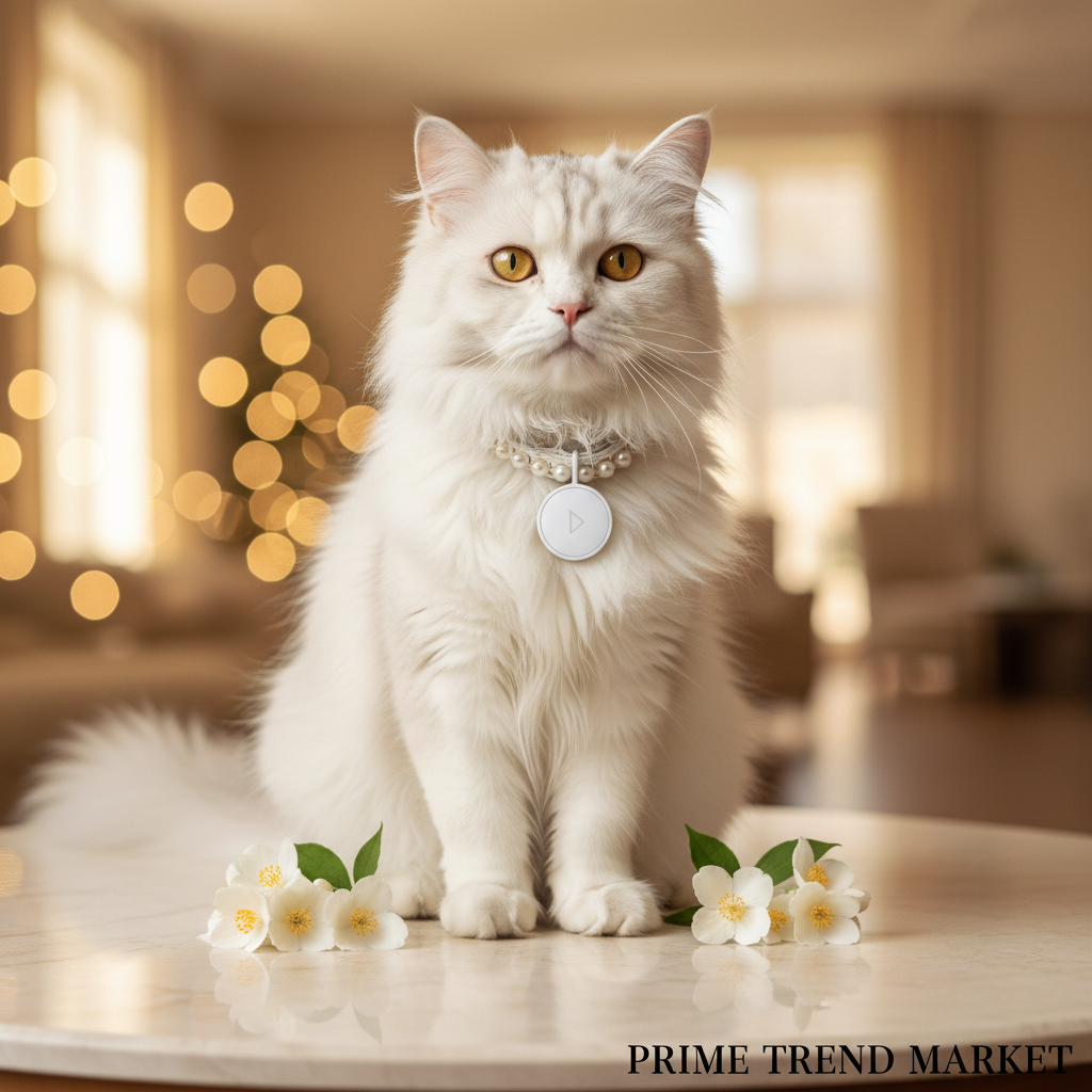 White Persian Cat with White Bluetooth Tracker