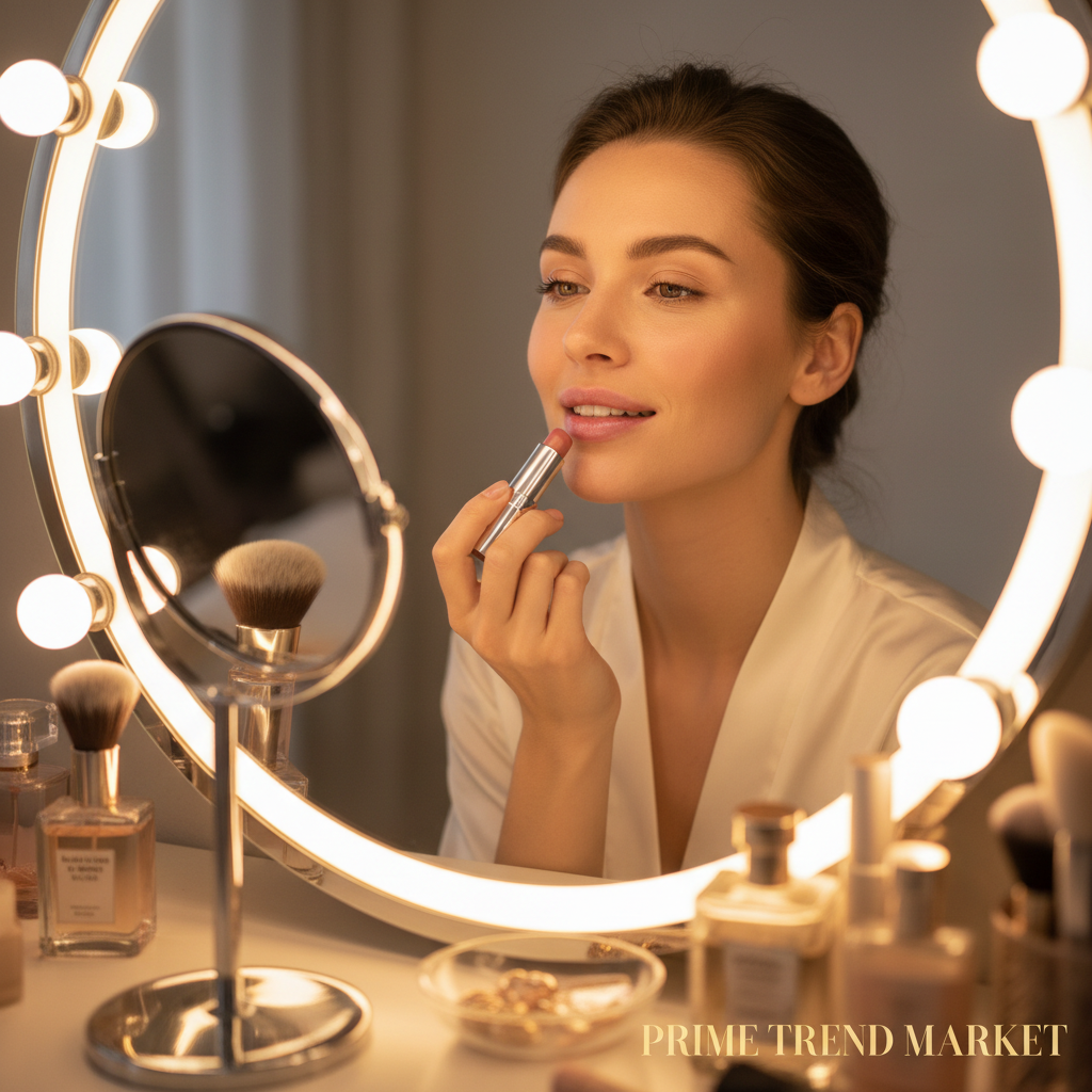 Woman applying lip balm at vanity mirror